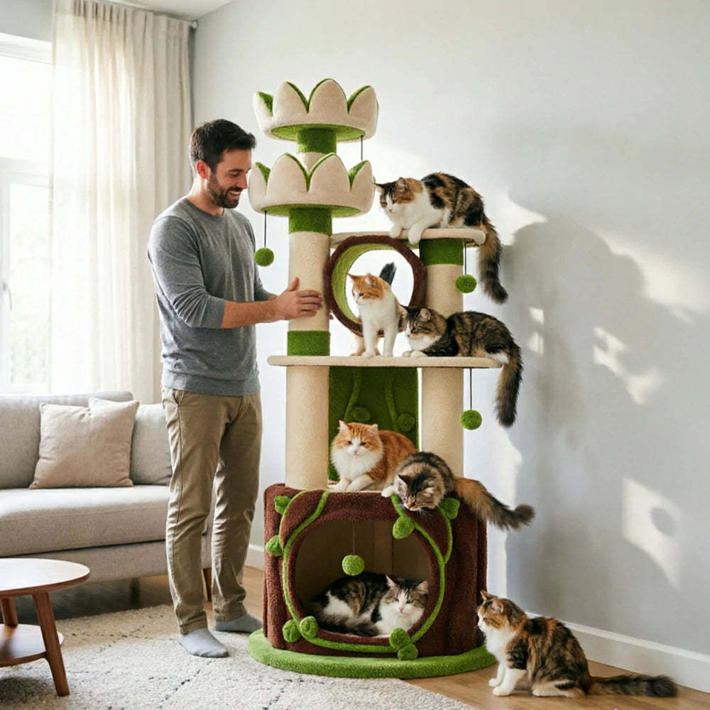 PAWORA Lotus Castle Cat Tree - 186cm Multi-Level Cat Tower with Hideaway and Scratching Posts - White Green