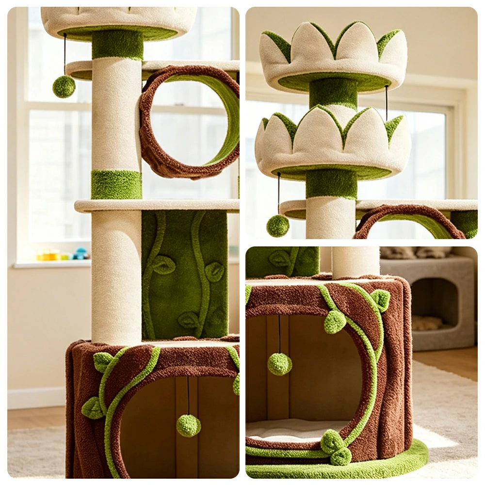 PAWORA Lotus Castle Cat Tree - 186cm Multi-Level Cat Tower with Hideaway and Scratching Posts - White Green
