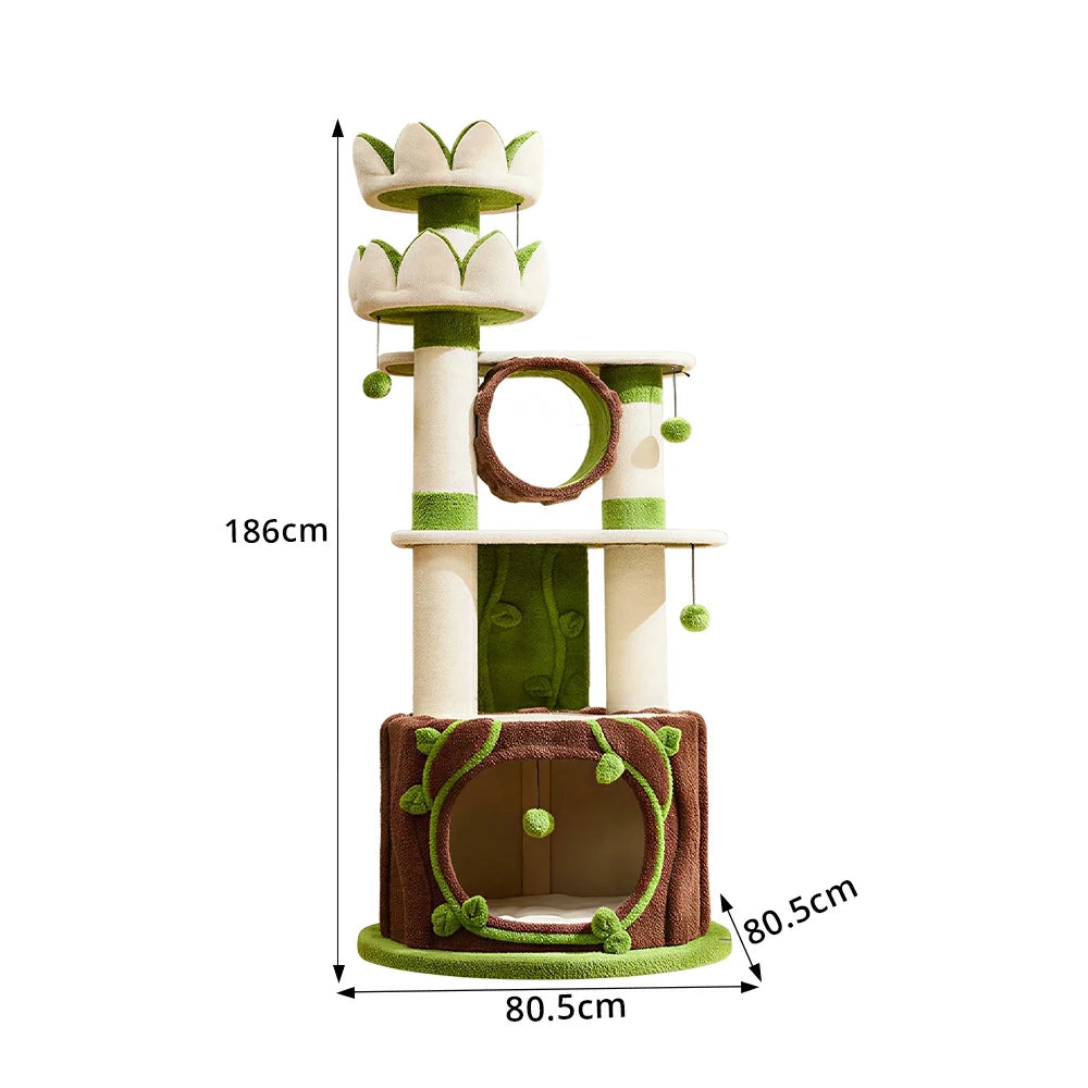 PAWORA Lotus Castle Cat Tree - 186cm Multi-Level Cat Tower with Hideaway and Scratching Posts - White Green