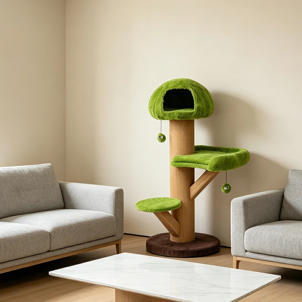 PAWORA Forest Tree House Cat Tree - 131cm Multi-Level Cat Tower with Hideaway and Scratching Post - Green