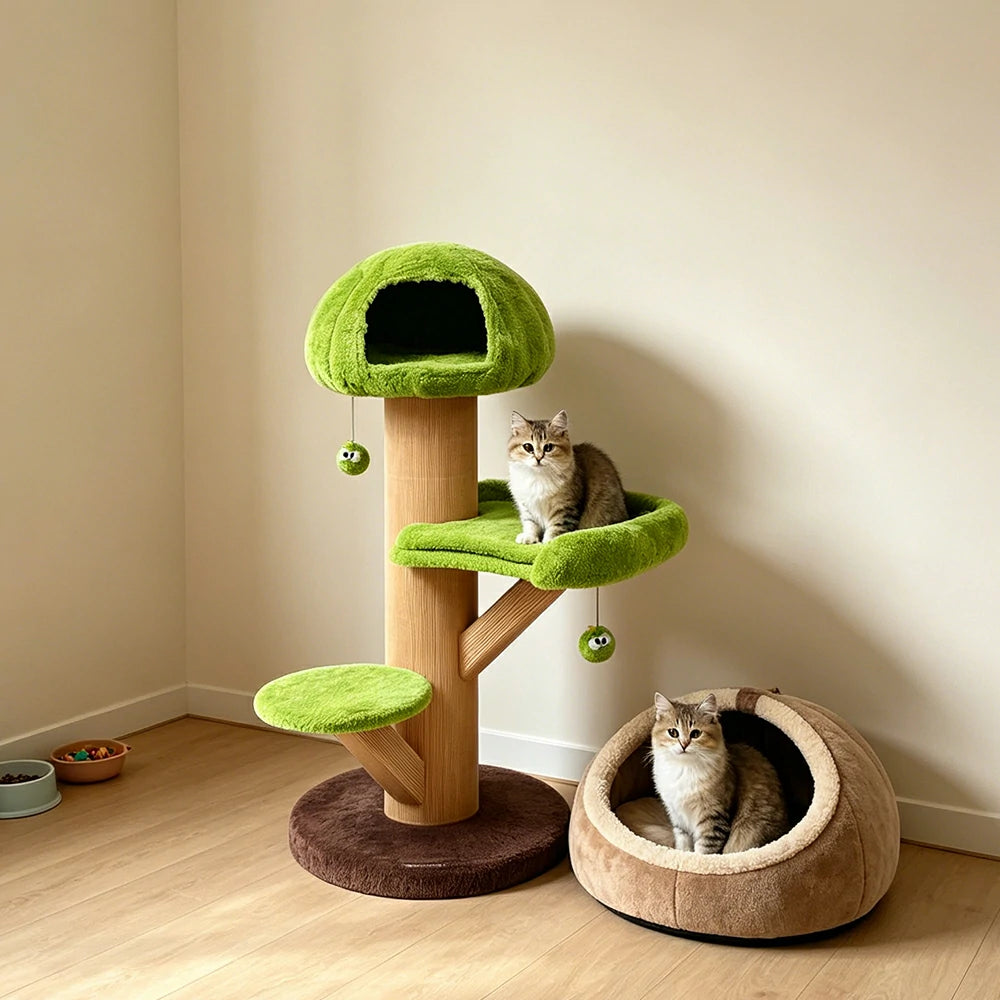 PAWORA Forest Tree House Cat Tree - 131cm Multi-Level Cat Tower with Hideaway and Scratching Post - Green
