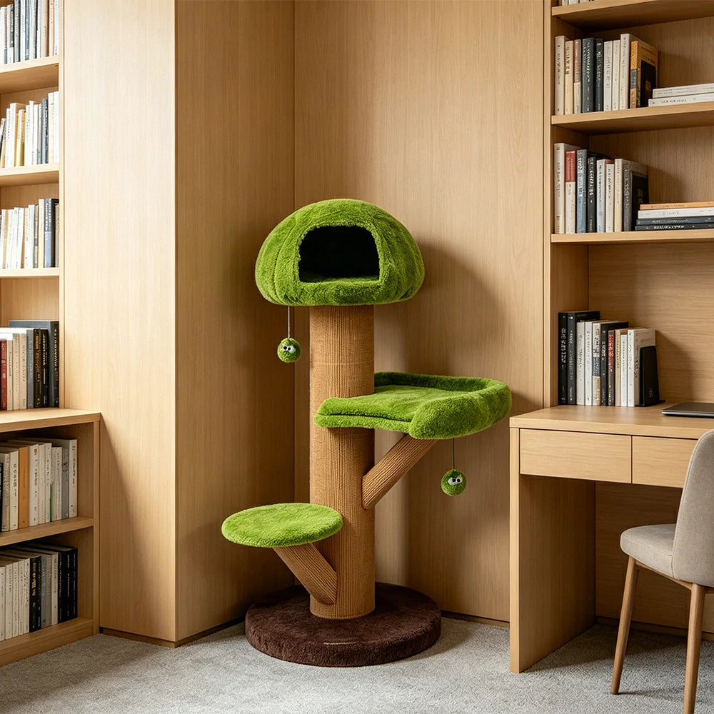 PAWORA Forest Tree House Cat Tree - 131cm Multi-Level Cat Tower with Hideaway and Scratching Post - Green