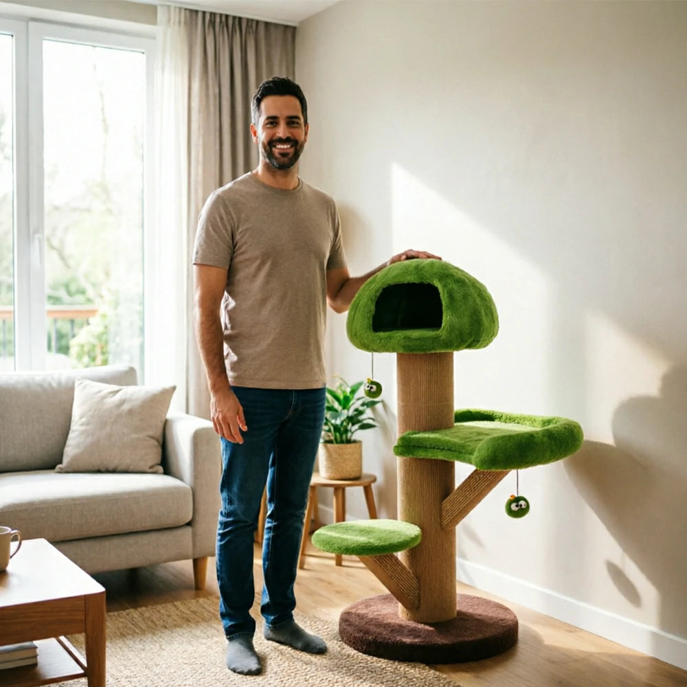 PAWORA Forest Tree House Cat Tree - 131cm Multi-Level Cat Tower with Hideaway and Scratching Post - Green