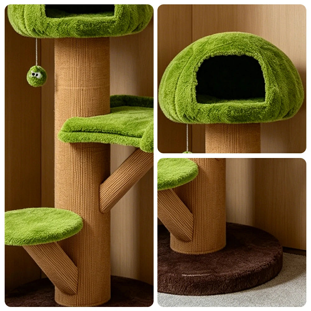 PAWORA Forest Tree House Cat Tree - 131cm Multi-Level Cat Tower with Hideaway and Scratching Post - Green