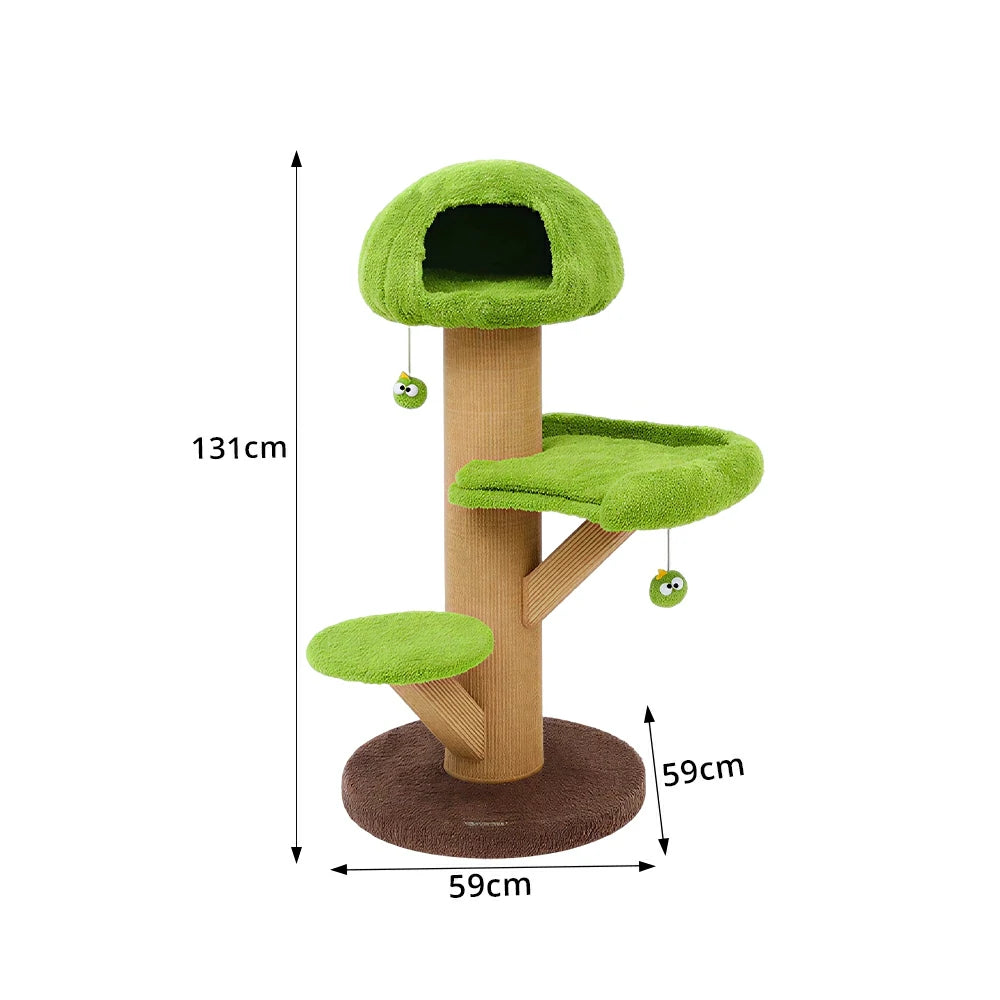 PAWORA Forest Tree House Cat Tree - 131cm Multi-Level Cat Tower with Hideaway and Scratching Post - Green