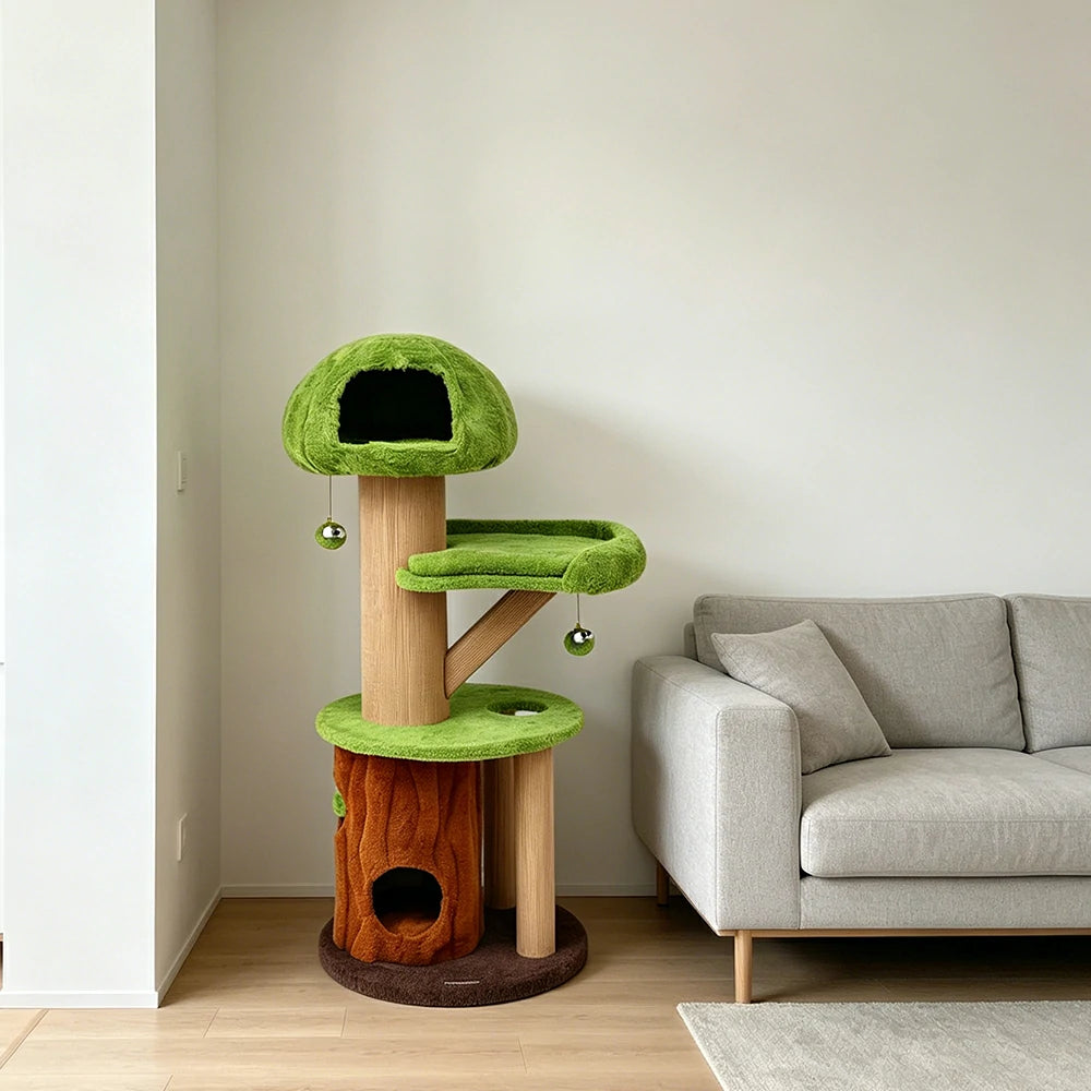 PAWORA Forest Tree House Cat Tree - 145cm Multi-Level Cat Tower with Hideaway and Scratching Posts - Green & Brown