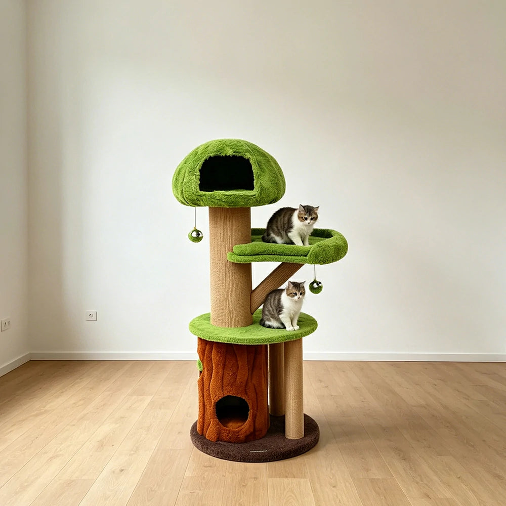 PAWORA Forest Tree House Cat Tree - 145cm Multi-Level Cat Tower with Hideaway and Scratching Posts - Green & Brown
