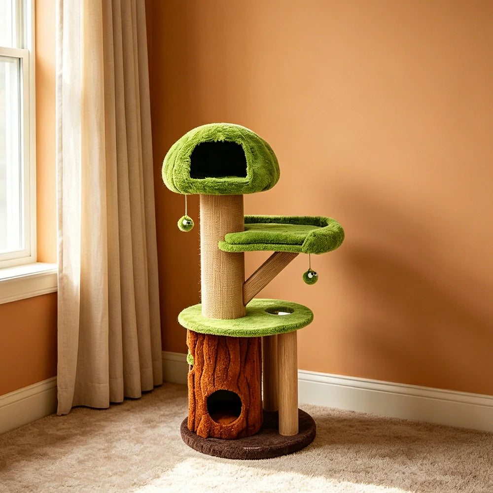 PAWORA Forest Tree House Cat Tree - 145cm Multi-Level Cat Tower with Hideaway and Scratching Posts - Green & Brown