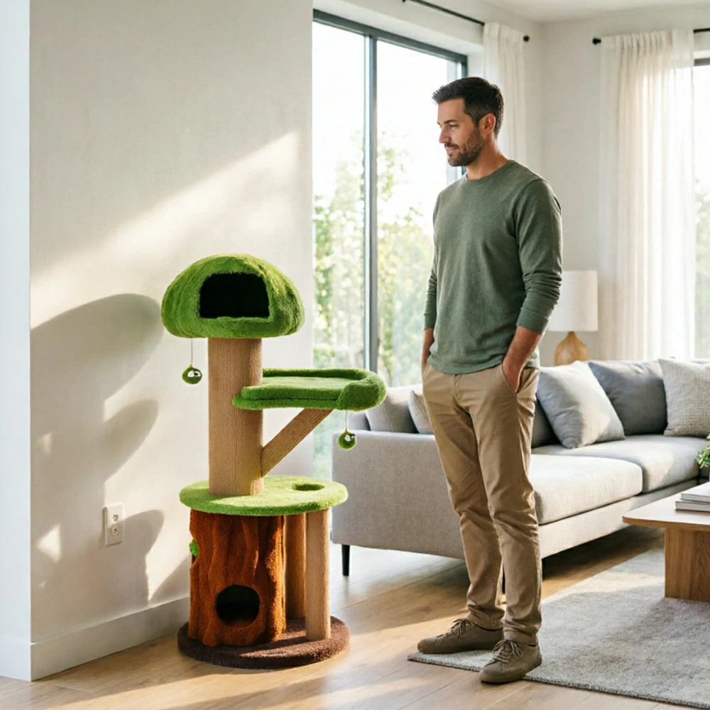 PAWORA Forest Tree House Cat Tree - 145cm Multi-Level Cat Tower with Hideaway and Scratching Posts - Green & Brown