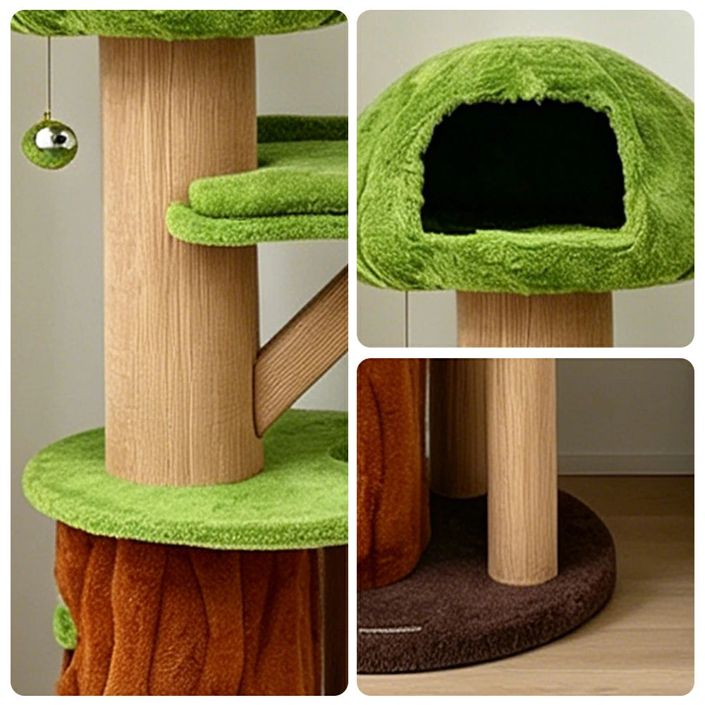 PAWORA Forest Tree House Cat Tree - 145cm Multi-Level Cat Tower with Hideaway and Scratching Posts - Green & Brown