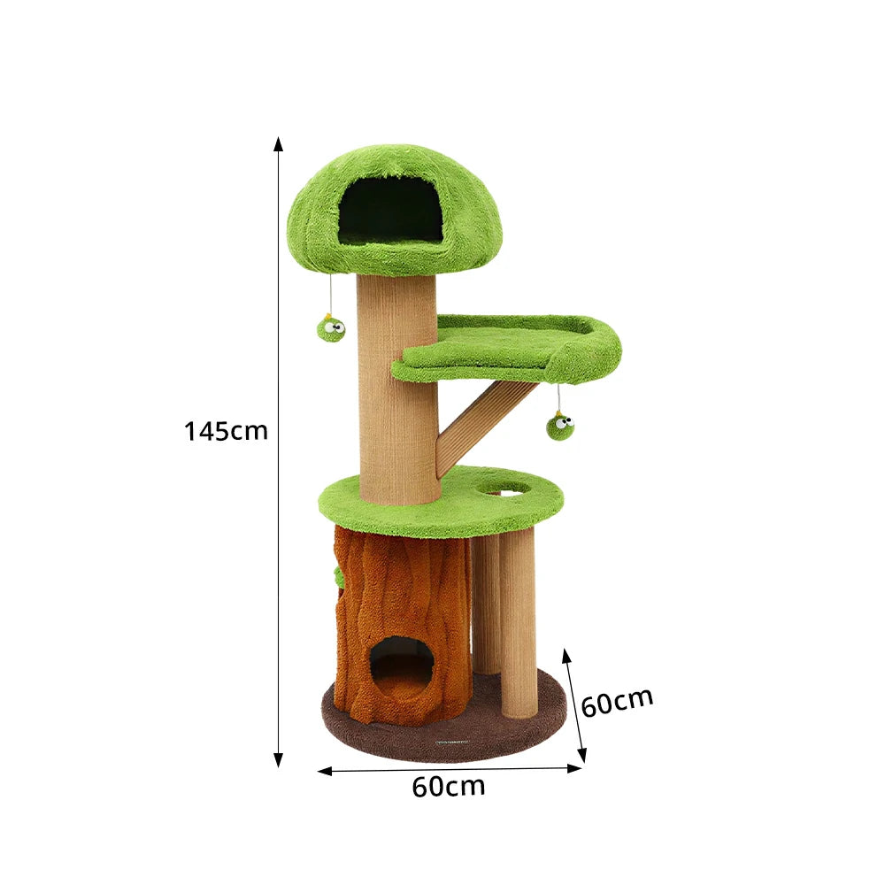 PAWORA Forest Tree House Cat Tree - 145cm Multi-Level Cat Tower with Hideaway and Scratching Posts - Green & Brown