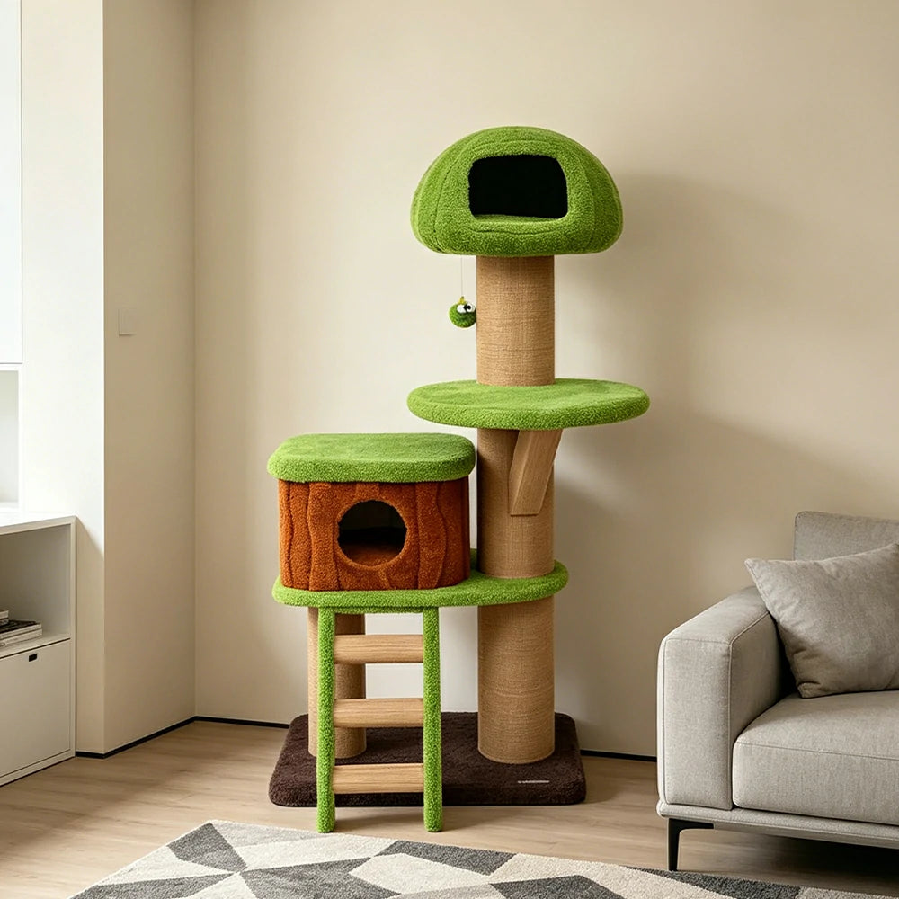 PAWORA Forest Tree House Cat Tree - 163cm Multi-Level Cat Tower with Large Hideaway and Scratching Posts - Green & Brown