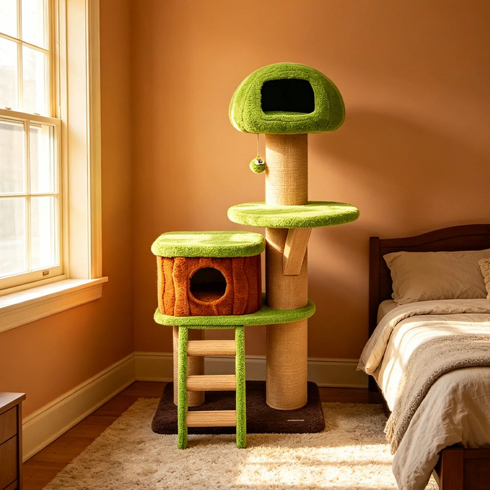 PAWORA Forest Tree House Cat Tree - 163cm Multi-Level Cat Tower with Large Hideaway and Scratching Posts - Green & Brown