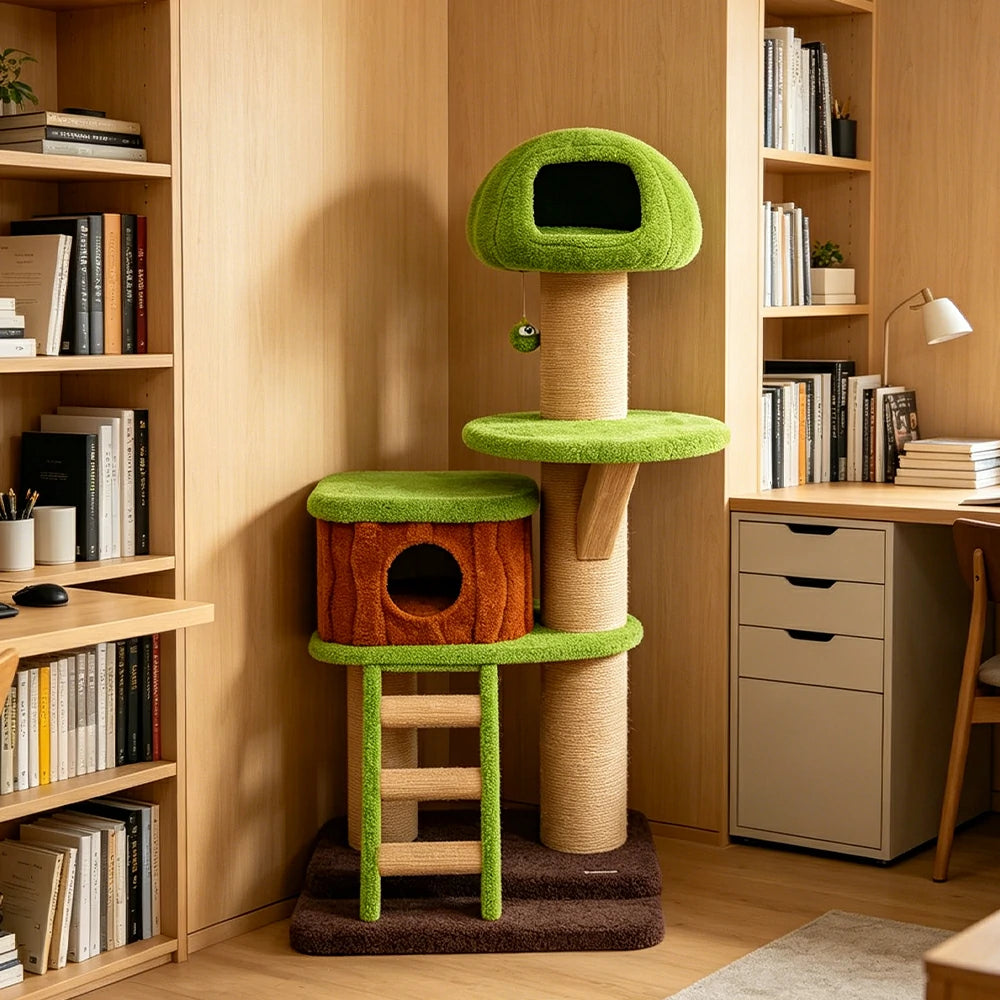 PAWORA Forest Tree House Cat Tree - 163cm Multi-Level Cat Tower with Large Hideaway and Scratching Posts - Green & Brown