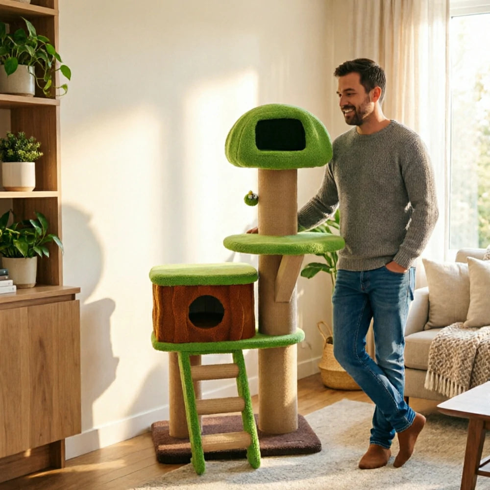 PAWORA Forest Tree House Cat Tree - 163cm Multi-Level Cat Tower with Large Hideaway and Scratching Posts - Green & Brown