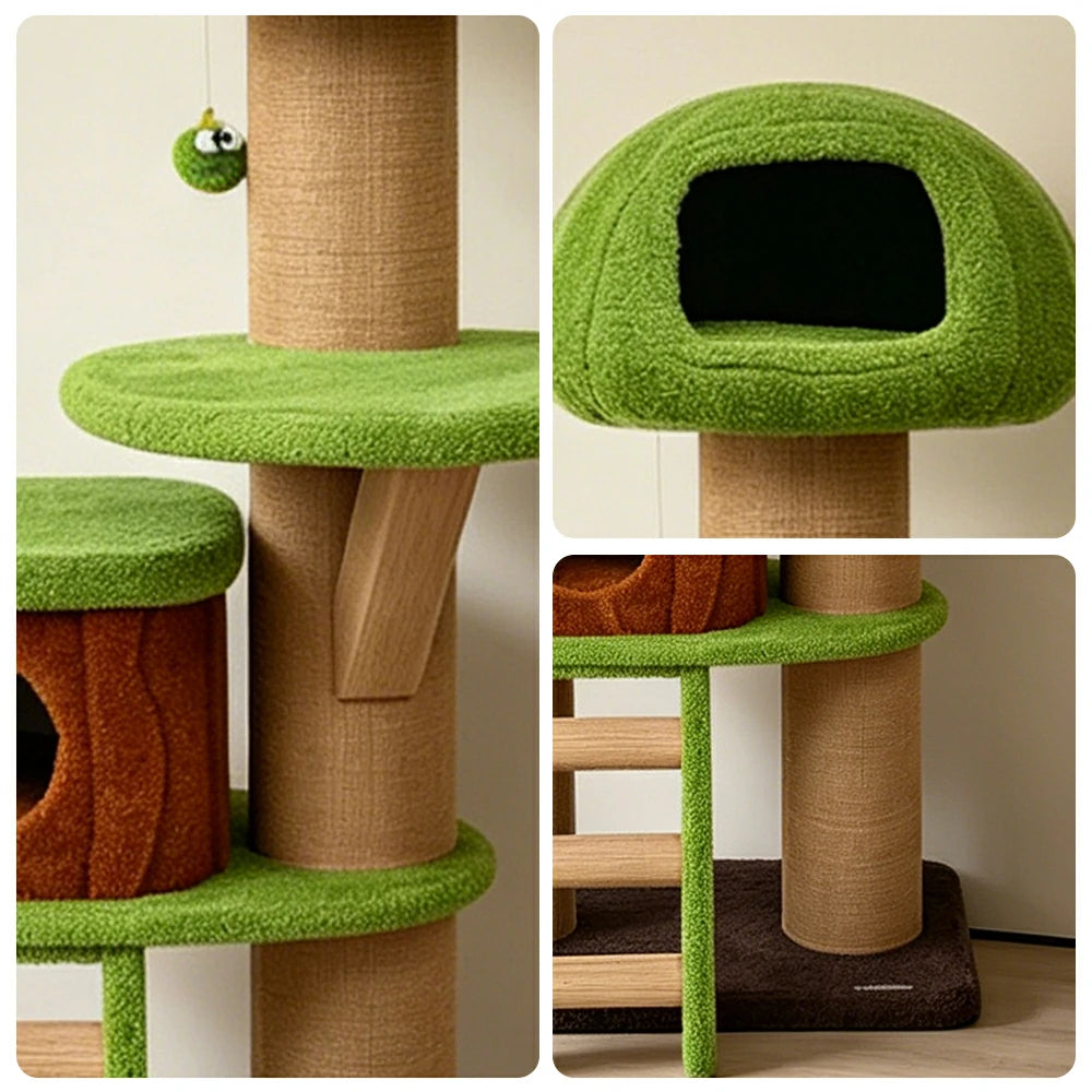 PAWORA Forest Tree House Cat Tree - 163cm Multi-Level Cat Tower with Large Hideaway and Scratching Posts - Green & Brown