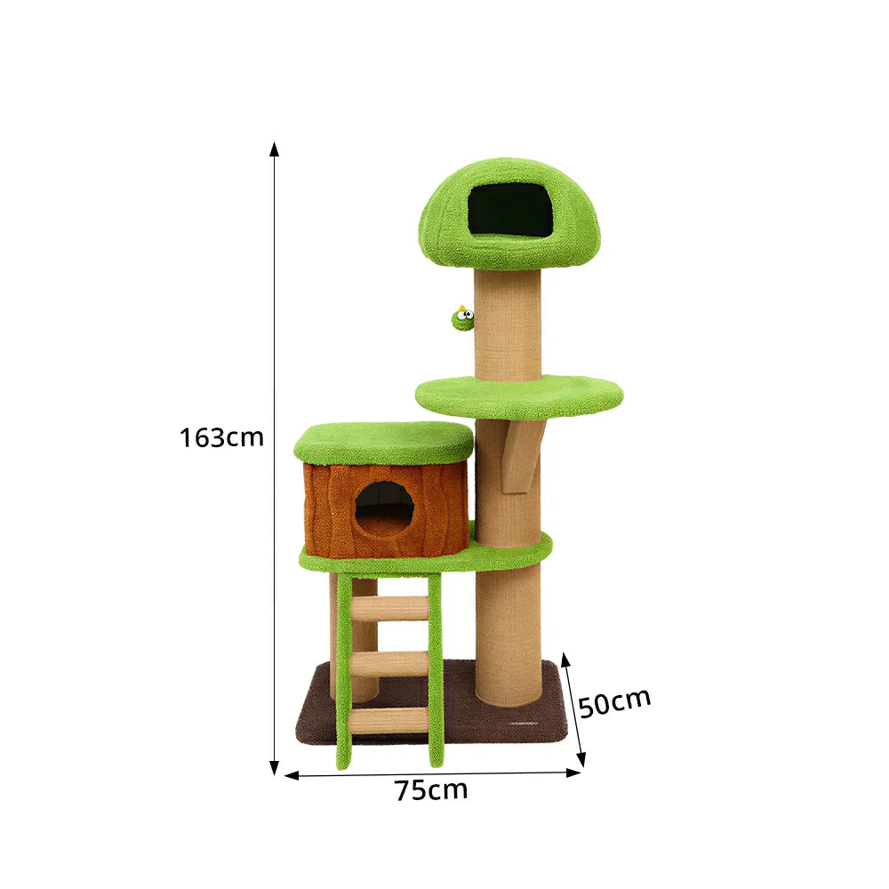 PAWORA Forest Tree House Cat Tree - 163cm Multi-Level Cat Tower with Large Hideaway and Scratching Posts - Green & Brown