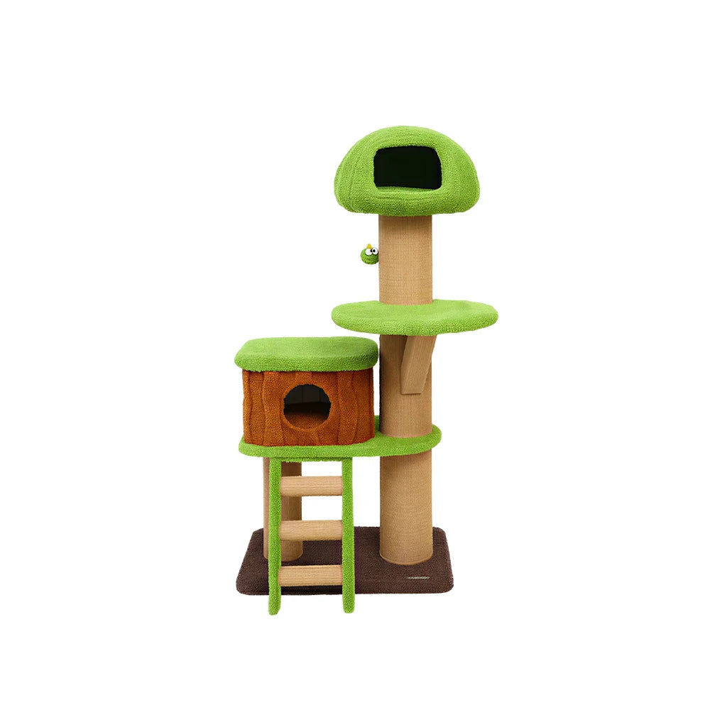 PAWORA Forest Tree House Cat Tree - 163cm Multi-Level Cat Tower with Large Hideaway and Scratching Posts - Green & Brown