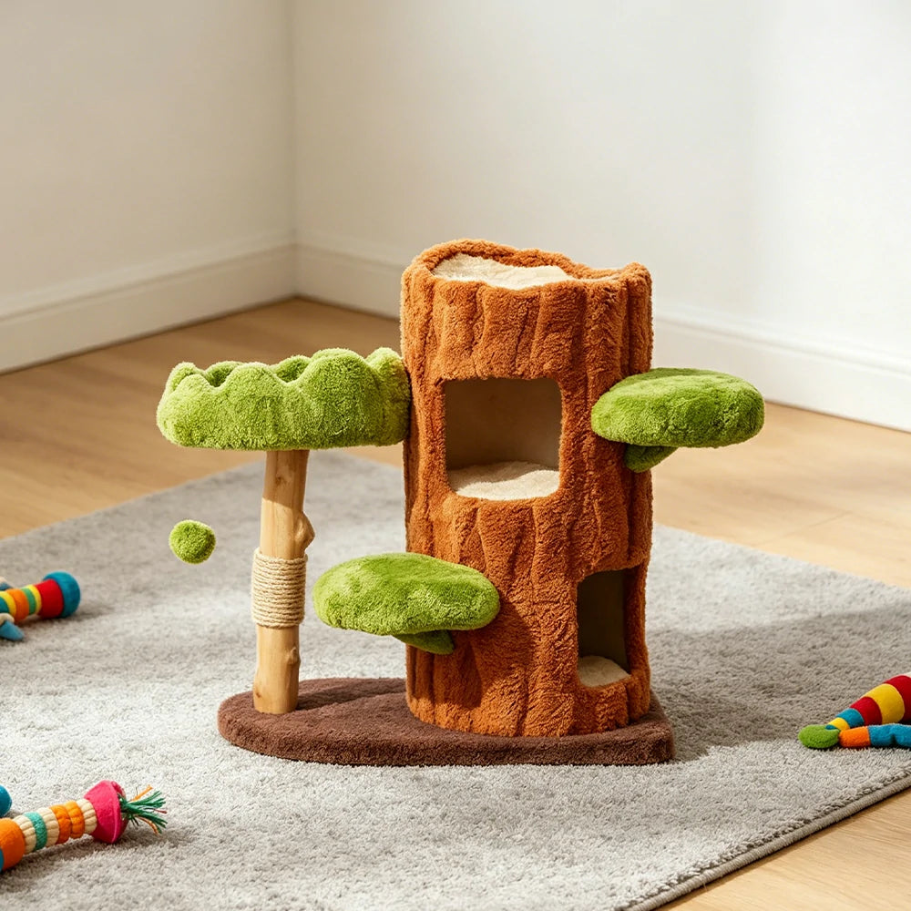 PAWORA Double Tree House Cat Tree - Multi-Level Cat Tower with Dual Hideaway and Scratching Posts - Green & Brown