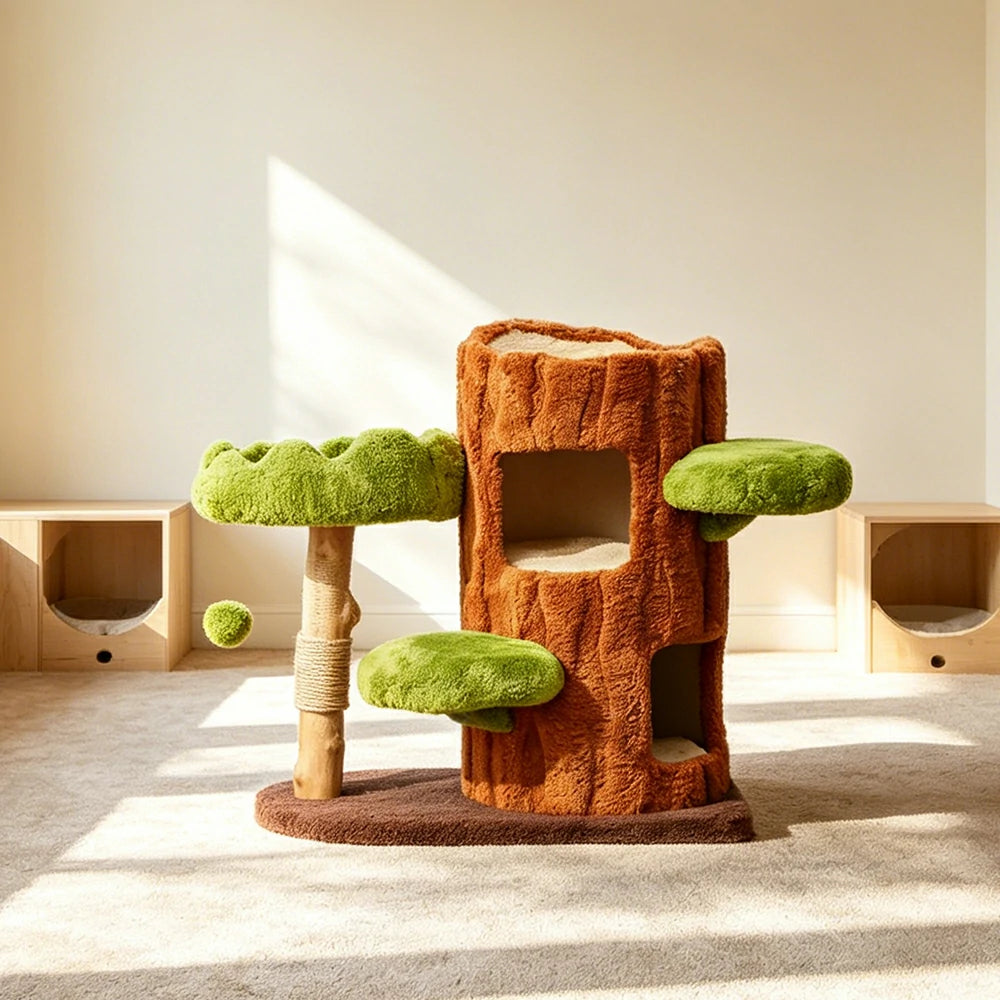 PAWORA Double Tree House Cat Tree - Multi-Level Cat Tower with Dual Hideaway and Scratching Posts - Green & Brown