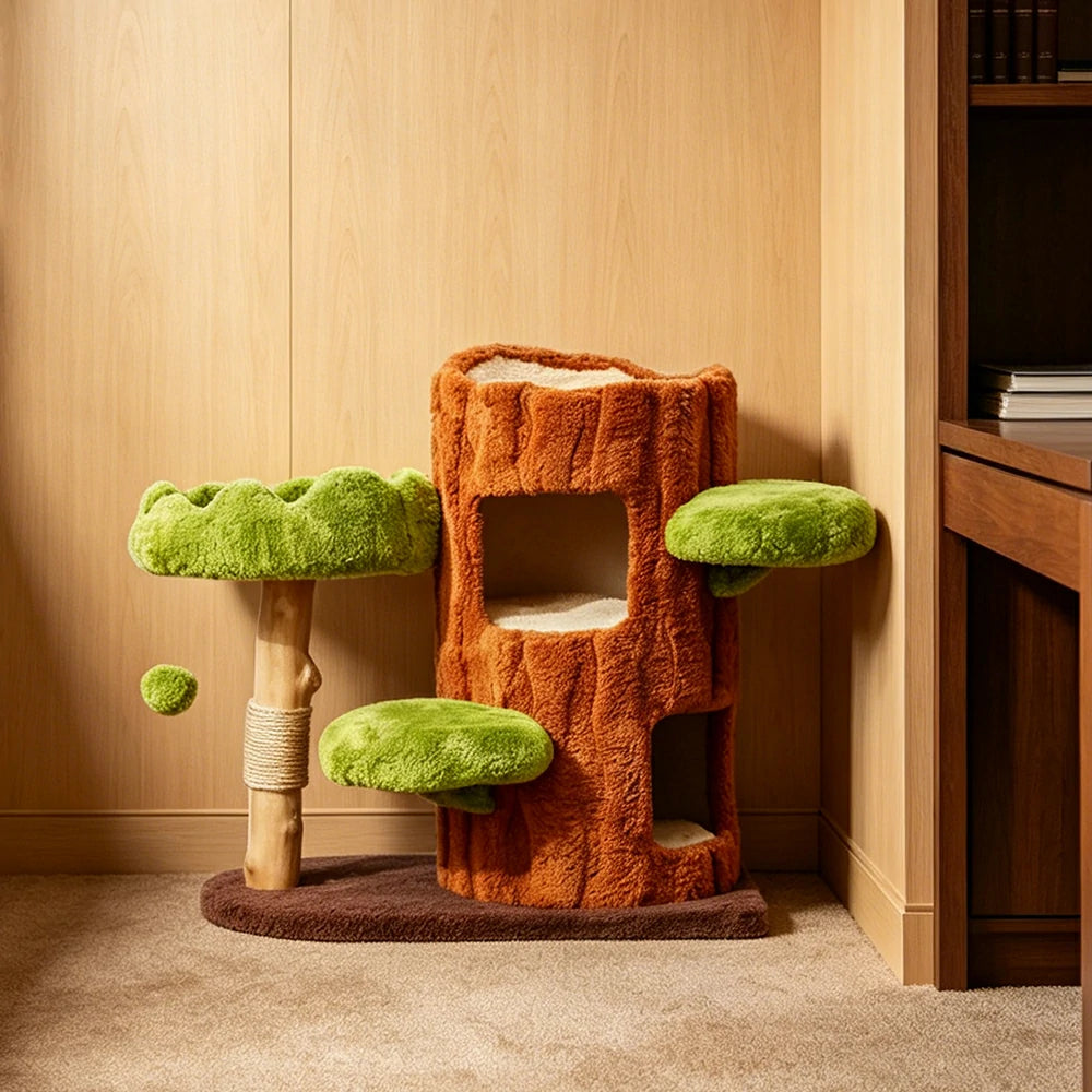 PAWORA Double Tree House Cat Tree - Multi-Level Cat Tower with Dual Hideaway and Scratching Posts - Green & Brown