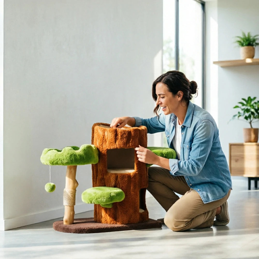 PAWORA Double Tree House Cat Tree - Multi-Level Cat Tower with Dual Hideaway and Scratching Posts - Green & Brown