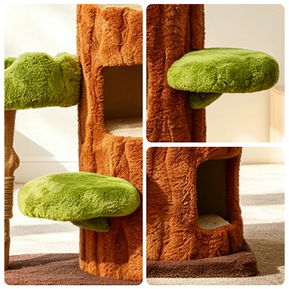 PAWORA Double Tree House Cat Tree - Multi-Level Cat Tower with Dual Hideaway and Scratching Posts - Green & Brown