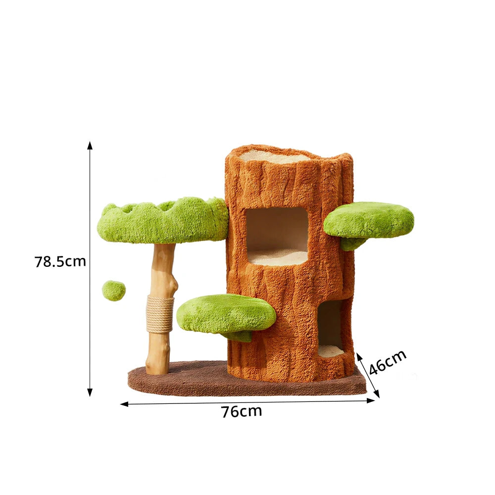 PAWORA Double Tree House Cat Tree - Multi-Level Cat Tower with Dual Hideaway and Scratching Posts - Green & Brown
