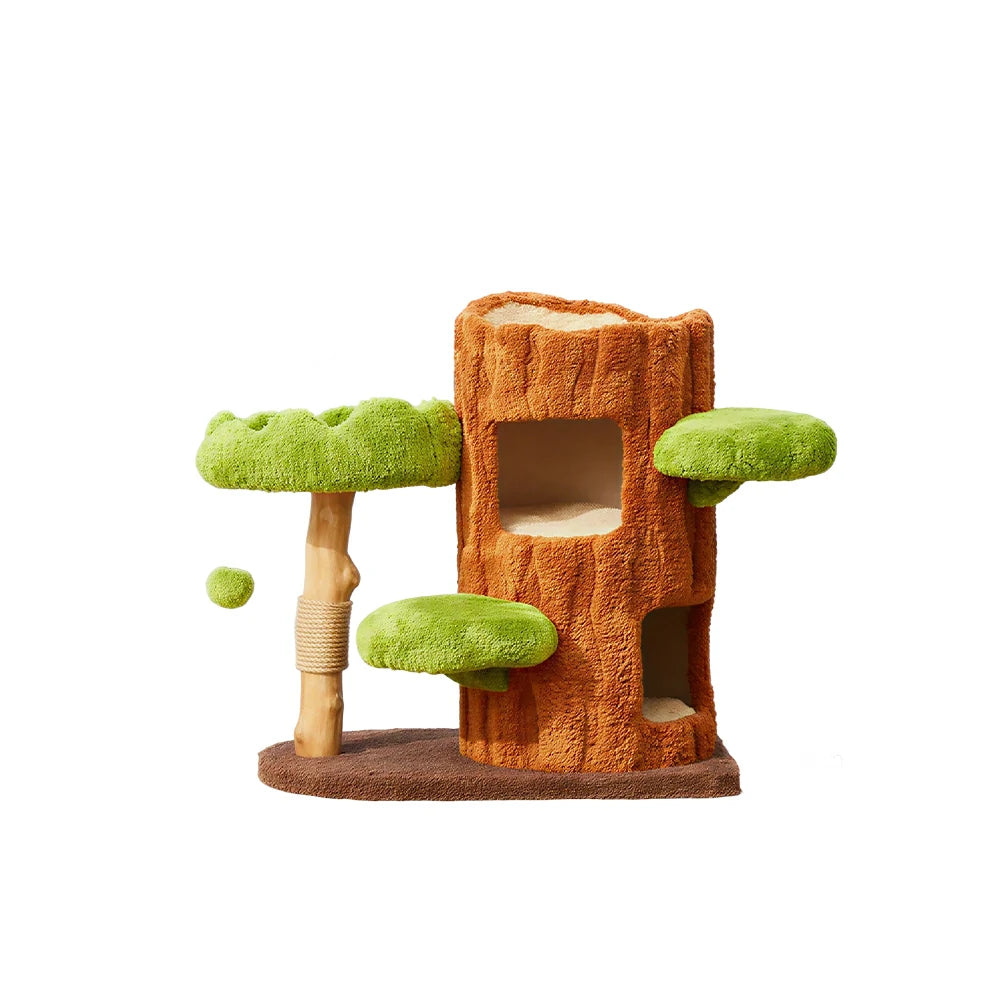 PAWORA Double Tree House Cat Tree - Multi-Level Cat Tower with Dual Hideaway and Scratching Posts - Green & Brown