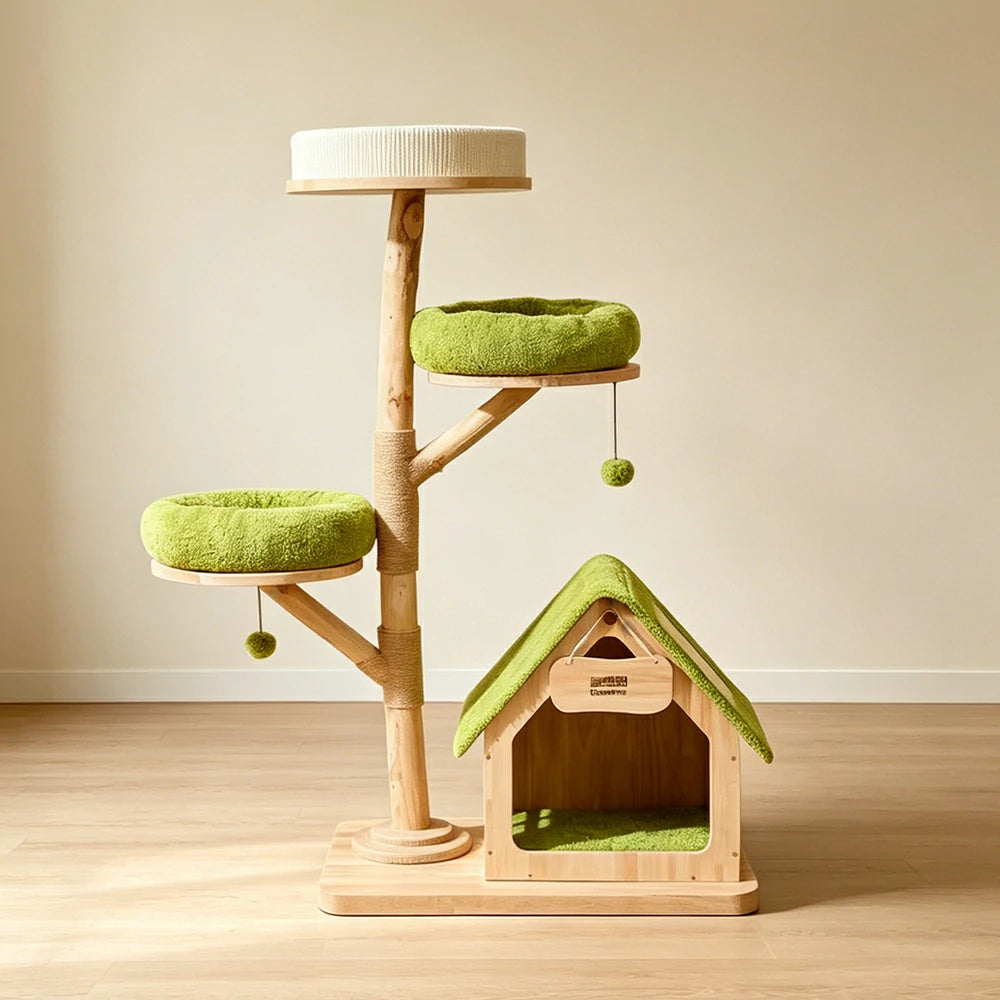 PAWORA Oak Tree House Cat Tree - Multi-Level Solid Wood Cat Tower with Hideaway and Scratching Post - Natural Green