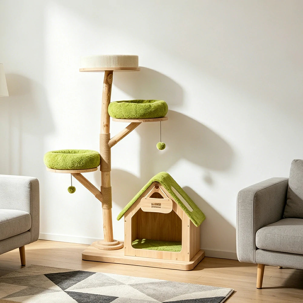PAWORA Oak Tree House Cat Tree - Multi-Level Solid Wood Cat Tower with Hideaway and Scratching Post - Natural Green