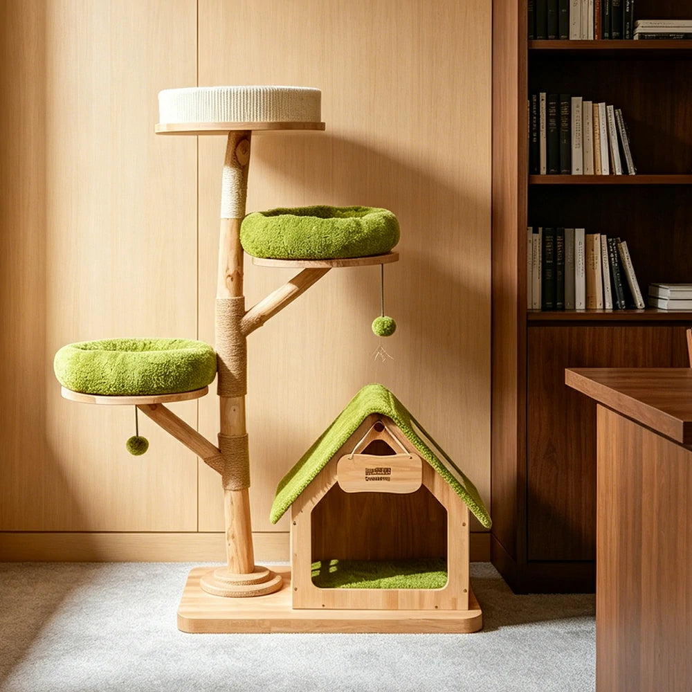 PAWORA Oak Tree House Cat Tree - Multi-Level Solid Wood Cat Tower with Hideaway and Scratching Post - Natural Green