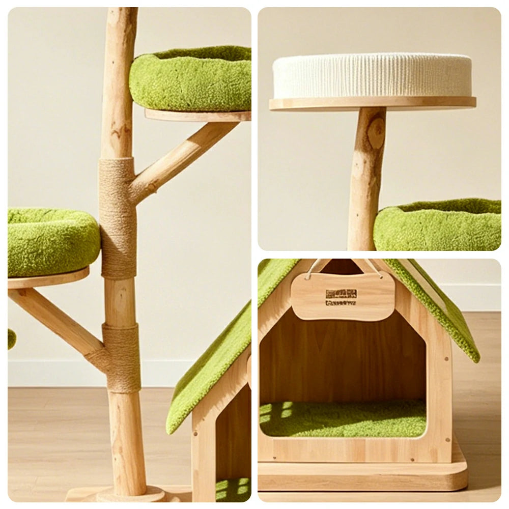 PAWORA Oak Tree House Cat Tree - Multi-Level Solid Wood Cat Tower with Hideaway and Scratching Post - Natural Green