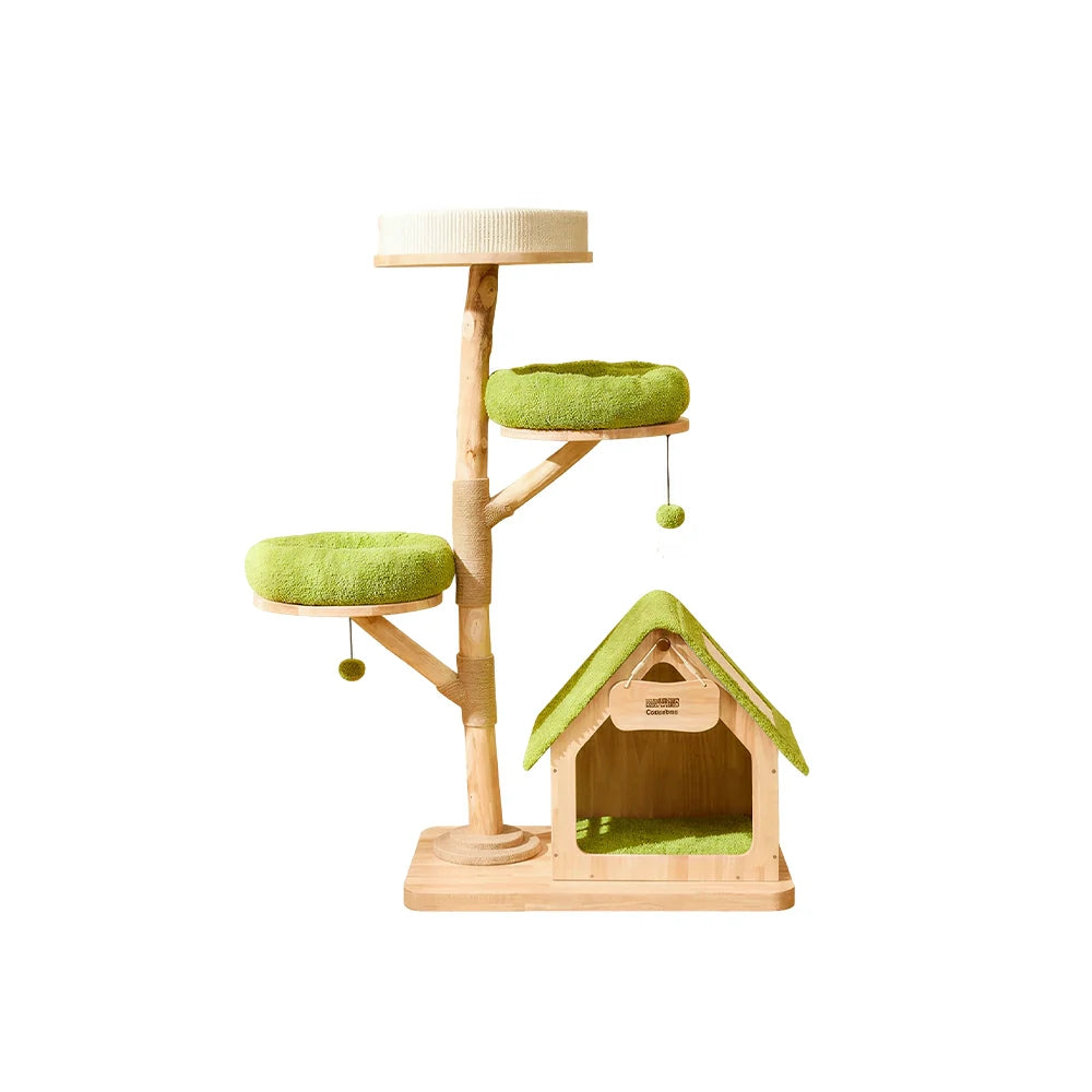 PAWORA Oak Tree House Cat Tree - Multi-Level Solid Wood Cat Tower with Hideaway and Scratching Post - Natural Green
