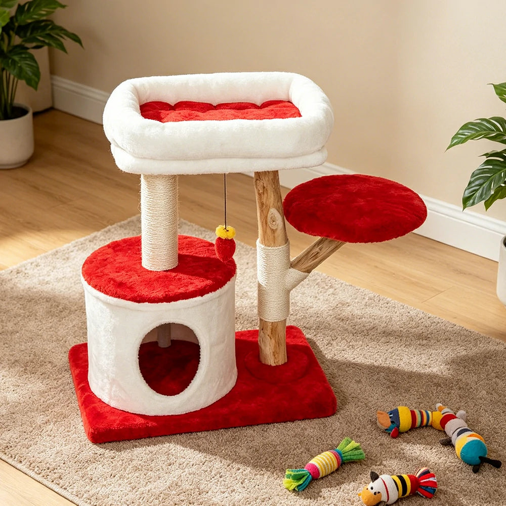 PAWORA Hole House Cat Tree - Multi-Level Cat Tower with Hideaway and Scratching Posts - Red & White