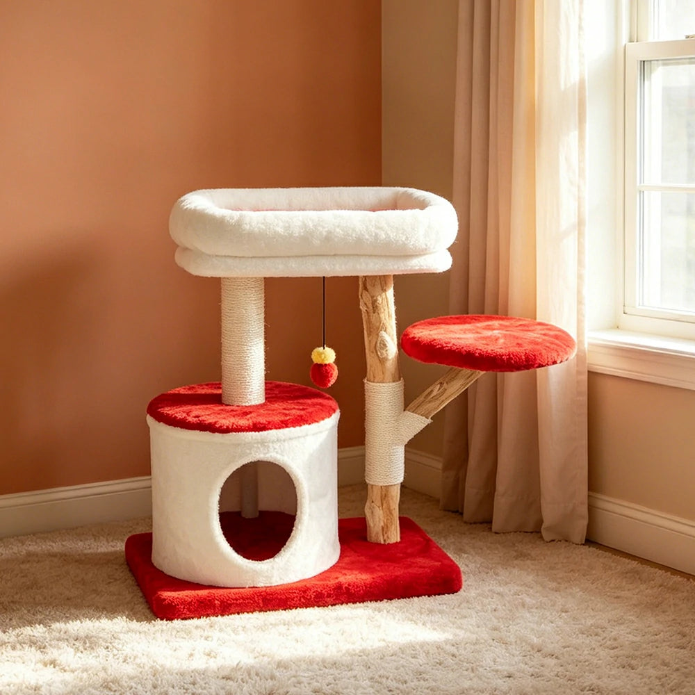 PAWORA Hole House Cat Tree - Multi-Level Cat Tower with Hideaway and Scratching Posts - Red & White