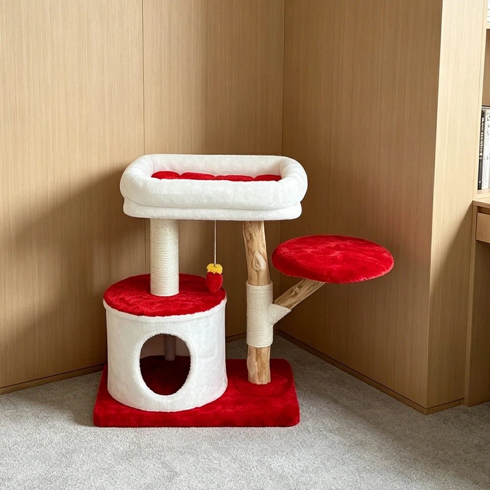 PAWORA Hole House Cat Tree - Multi-Level Cat Tower with Hideaway and Scratching Posts - Red & White