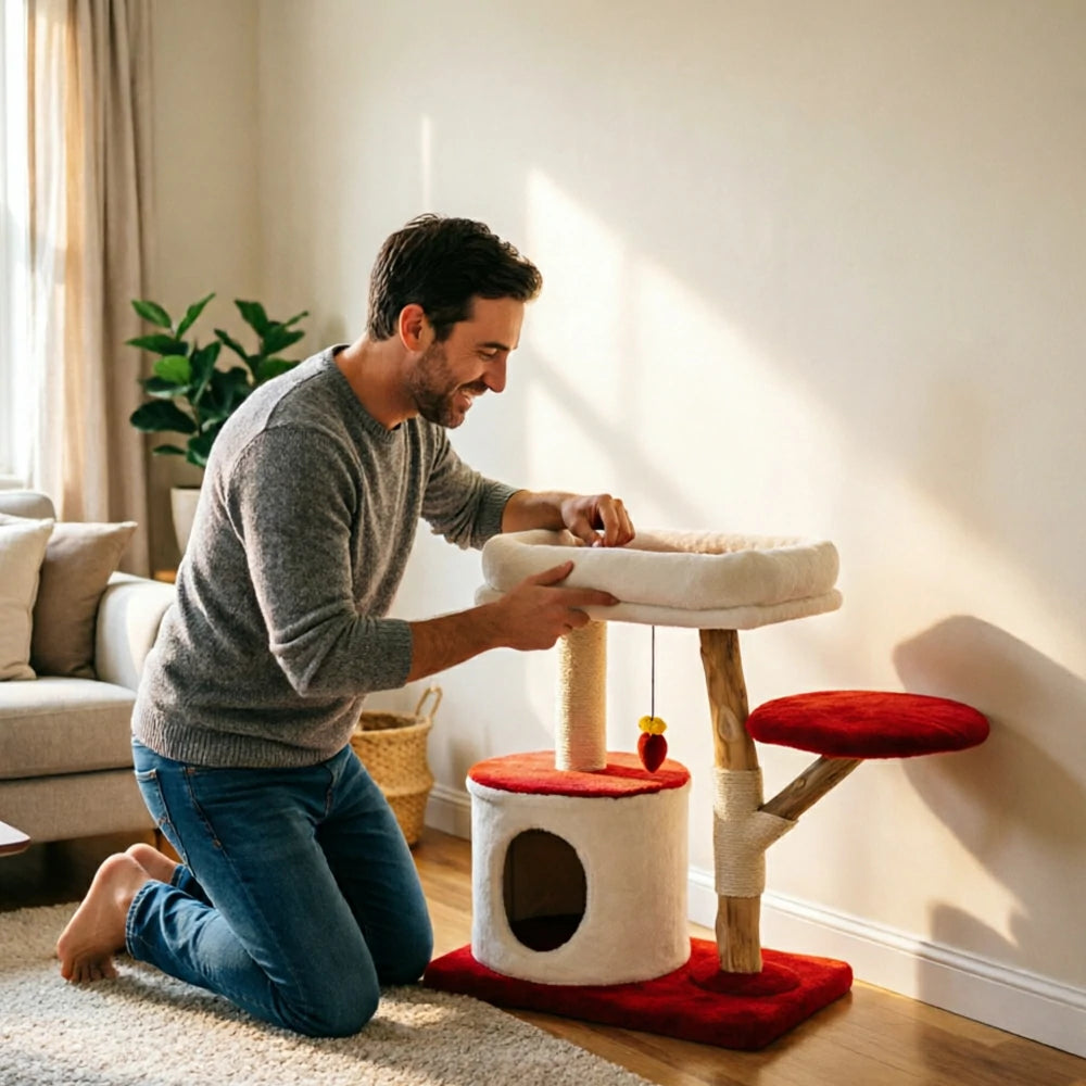 PAWORA Hole House Cat Tree - Multi-Level Cat Tower with Hideaway and Scratching Posts - Red & White