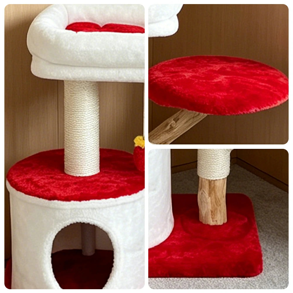 PAWORA Hole House Cat Tree - Multi-Level Cat Tower with Hideaway and Scratching Posts - Red & White