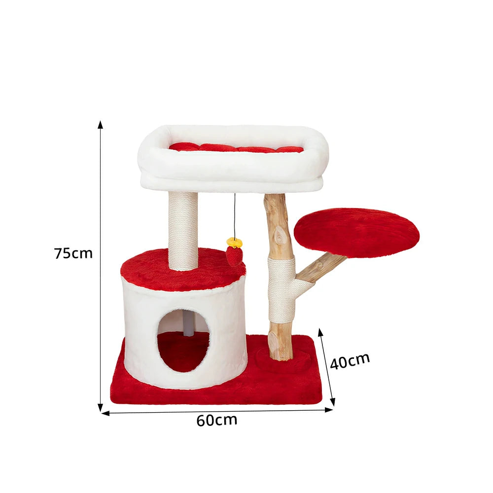 PAWORA Hole House Cat Tree - Multi-Level Cat Tower with Hideaway and Scratching Posts - Red & White