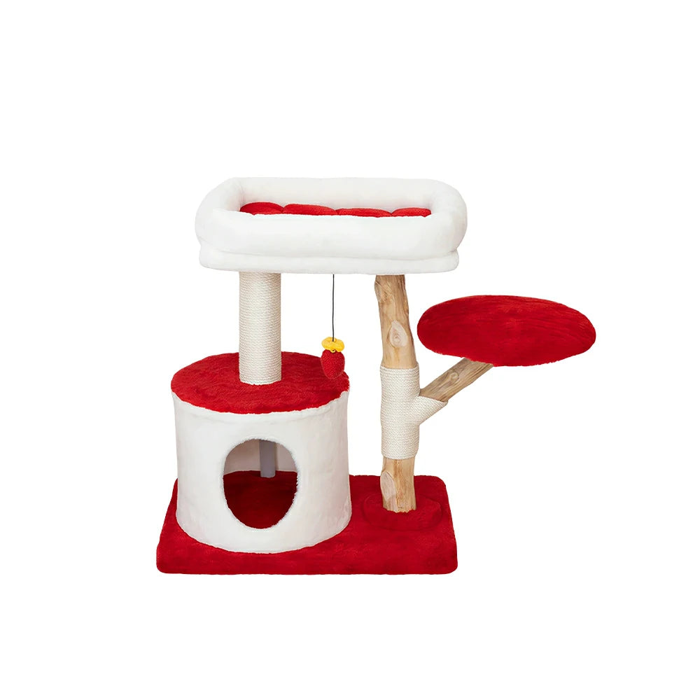PAWORA Hole House Cat Tree - Multi-Level Cat Tower with Hideaway and Scratching Posts - Red & White