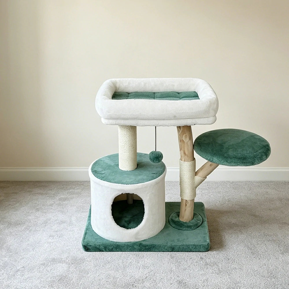 PAWORA Hole House Cat Tree - 75cm Compact Cat Tower with Hideaway Bed and Scratching Posts - Teal & White