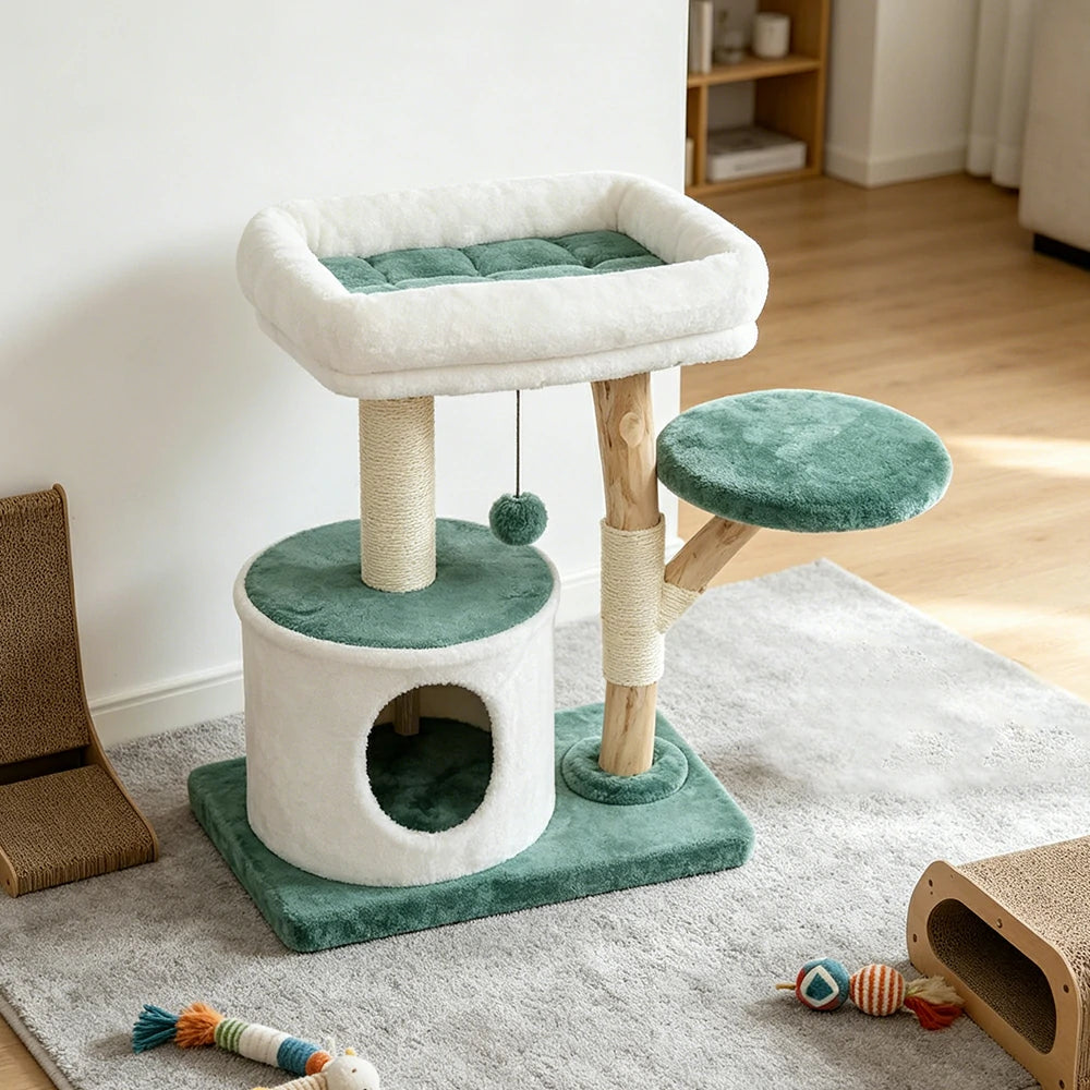 PAWORA Hole House Cat Tree - 75cm Compact Cat Tower with Hideaway Bed and Scratching Posts - Teal & White