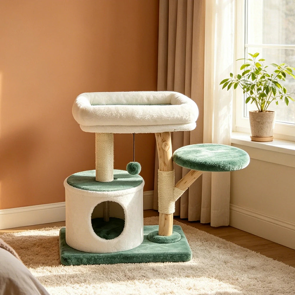 PAWORA Hole House Cat Tree - 75cm Compact Cat Tower with Hideaway Bed and Scratching Posts - Teal & White