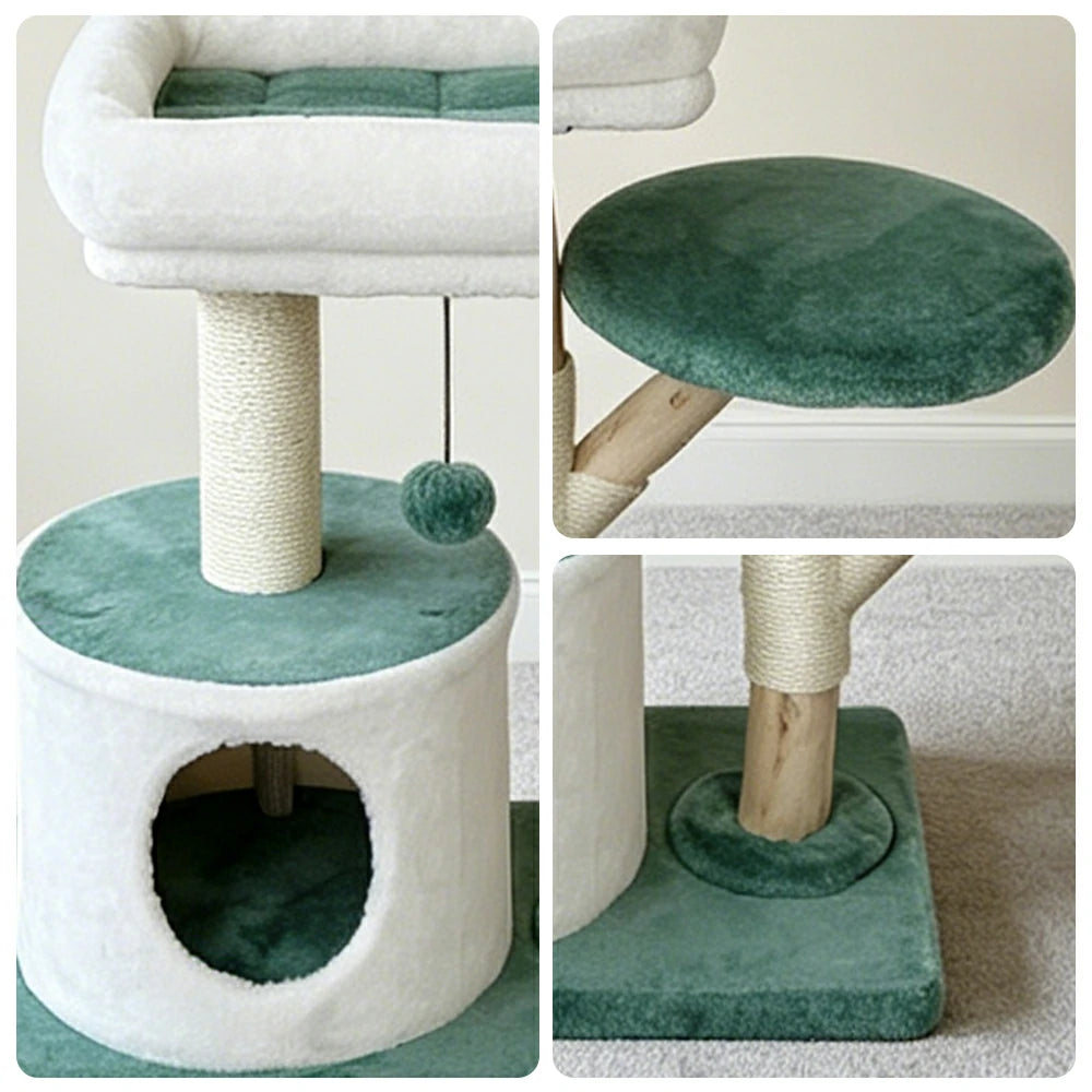 PAWORA Hole House Cat Tree - 75cm Compact Cat Tower with Hideaway Bed and Scratching Posts - Teal & White