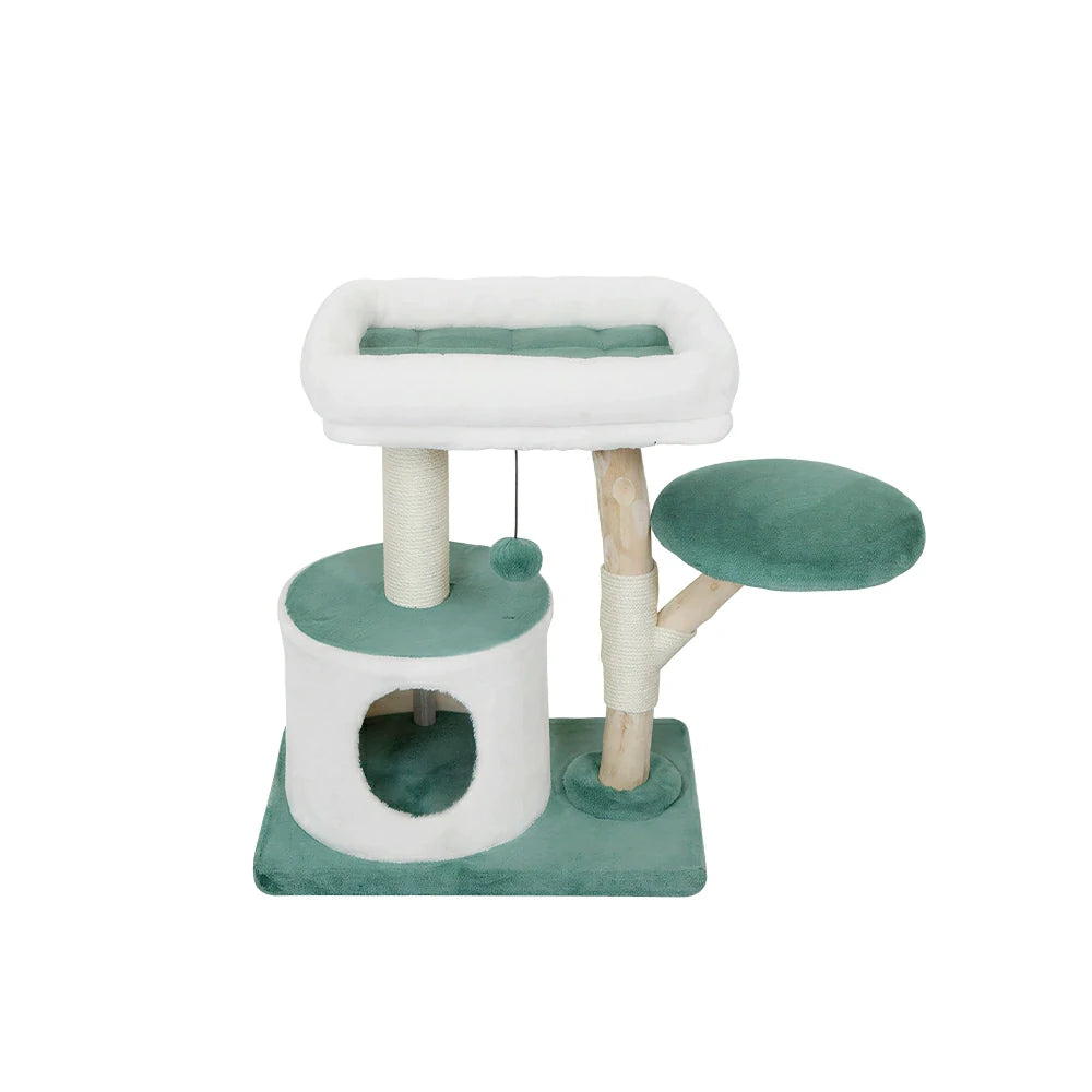 PAWORA Hole House Cat Tree - 75cm Compact Cat Tower with Hideaway Bed and Scratching Posts - Teal & White