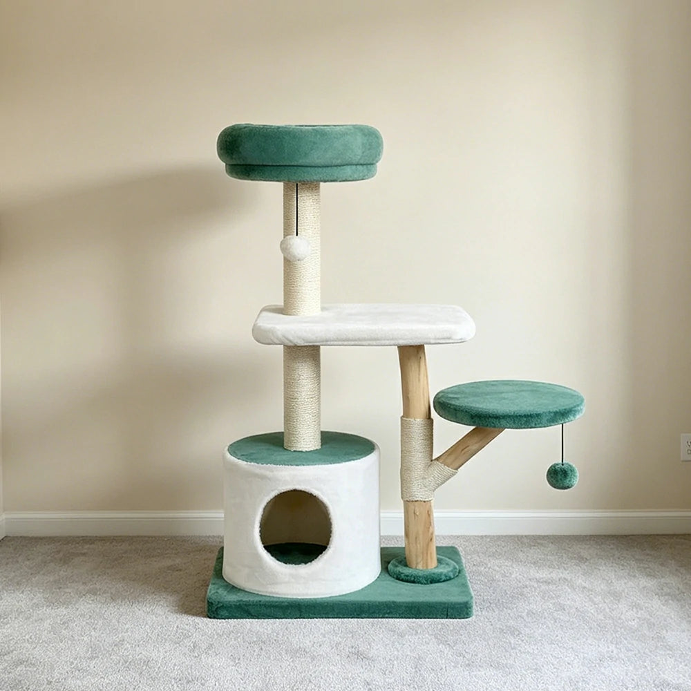 PAWORA Hole House Cat Tree - 110cm Multi-Level Cat Tower with Hideaway Bed and Scratching Posts - Teal & White