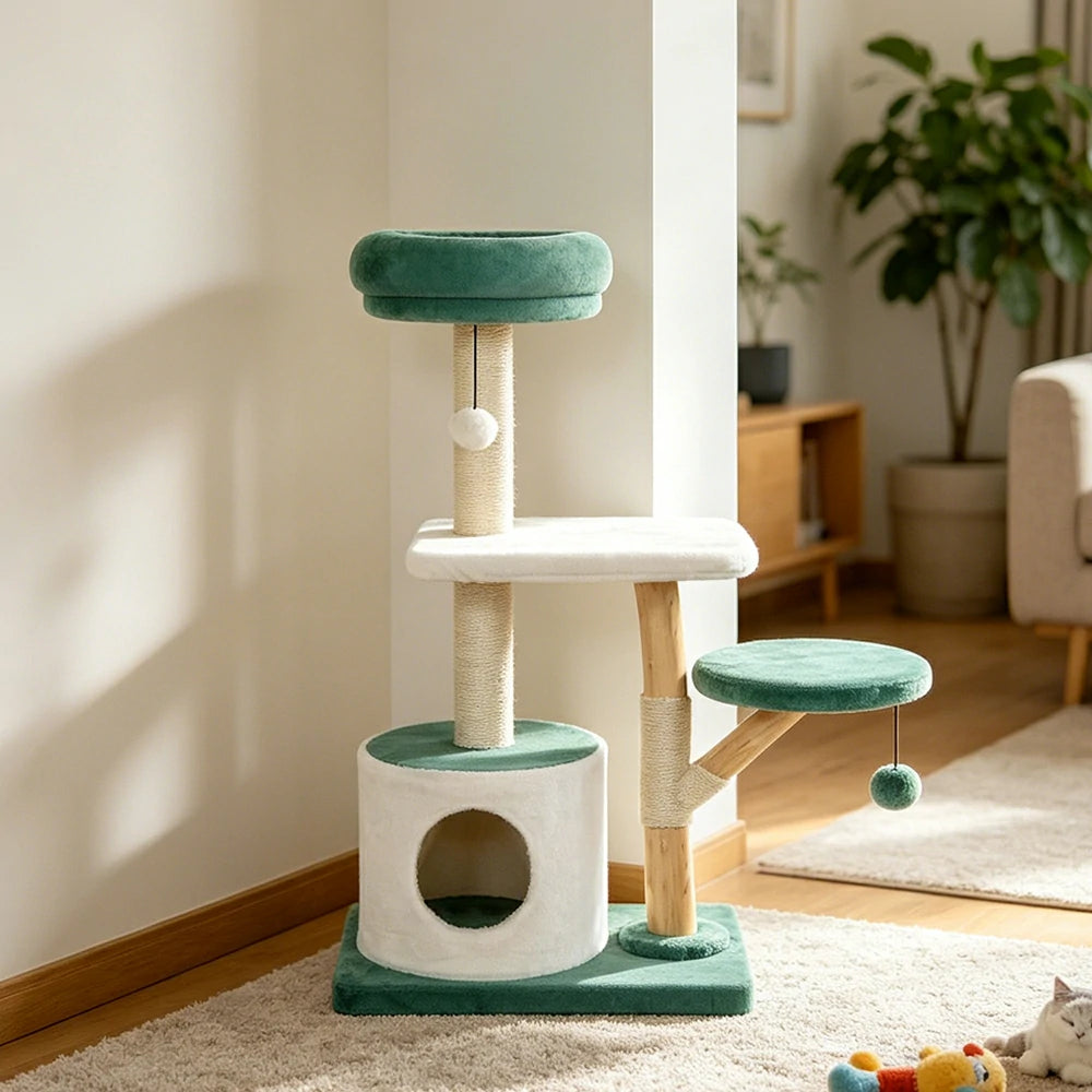 PAWORA Hole House Cat Tree - 110cm Multi-Level Cat Tower with Hideaway Bed and Scratching Posts - Teal & White