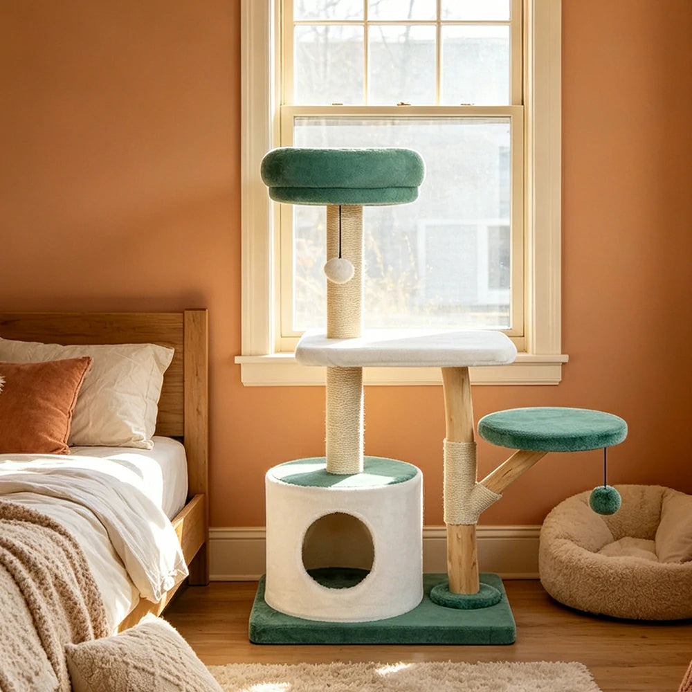 PAWORA Hole House Cat Tree - 110cm Multi-Level Cat Tower with Hideaway Bed and Scratching Posts - Teal & White