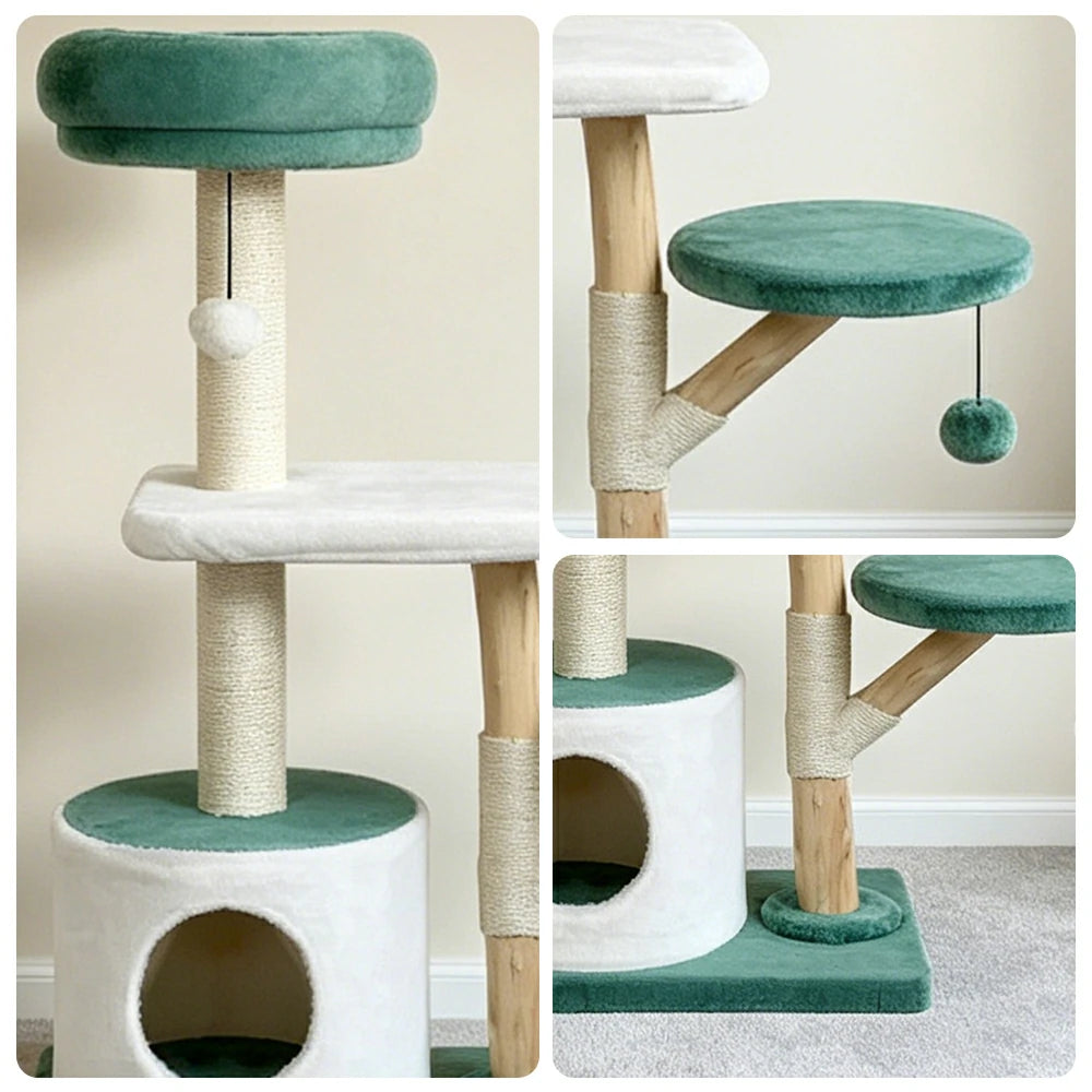 PAWORA Hole House Cat Tree - 110cm Multi-Level Cat Tower with Hideaway Bed and Scratching Posts - Teal & White